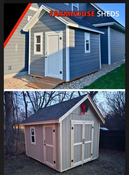 Two farmhouse-style sheds, one gray with white trim attached to a house, the other light brown with double doors and a Christmas wreath.
