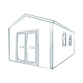Sketch of a rectangular building with a gabled roof, double doors, and two small windows on the side.