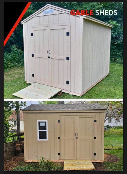 Two gable sheds in different colors, one with a ramp. The top shed is beige, the bottom is tan.