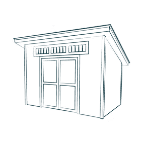 Line drawing of a small shed with a slanted roof, double doors, and small windows above.