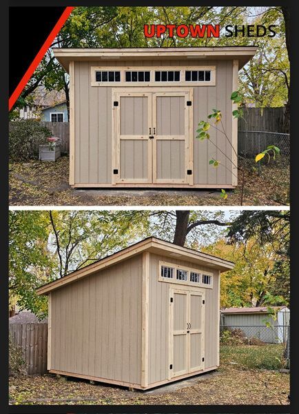 Two views of a tan shed with a slanted roof, light wood trim, and double doors. The shed is in a backyard setting.