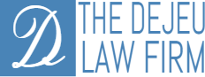 A blue and white logo for the de jeu law firm