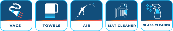 Icons for Vacuums, Towels, Air, Mat Cleaner, and Glass Cleaner.