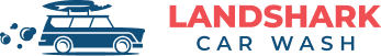 Landshark Car Wash logo: blue vintage car with surfboard, red text.