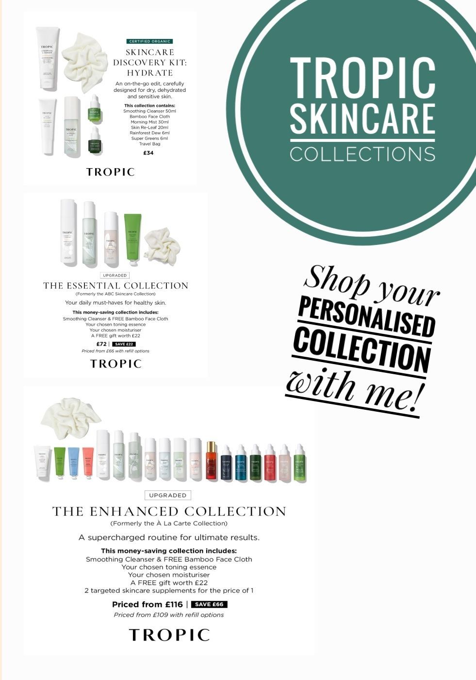 A poster for tropic skincare collections that says `` shop your personalised collection with me ! ''