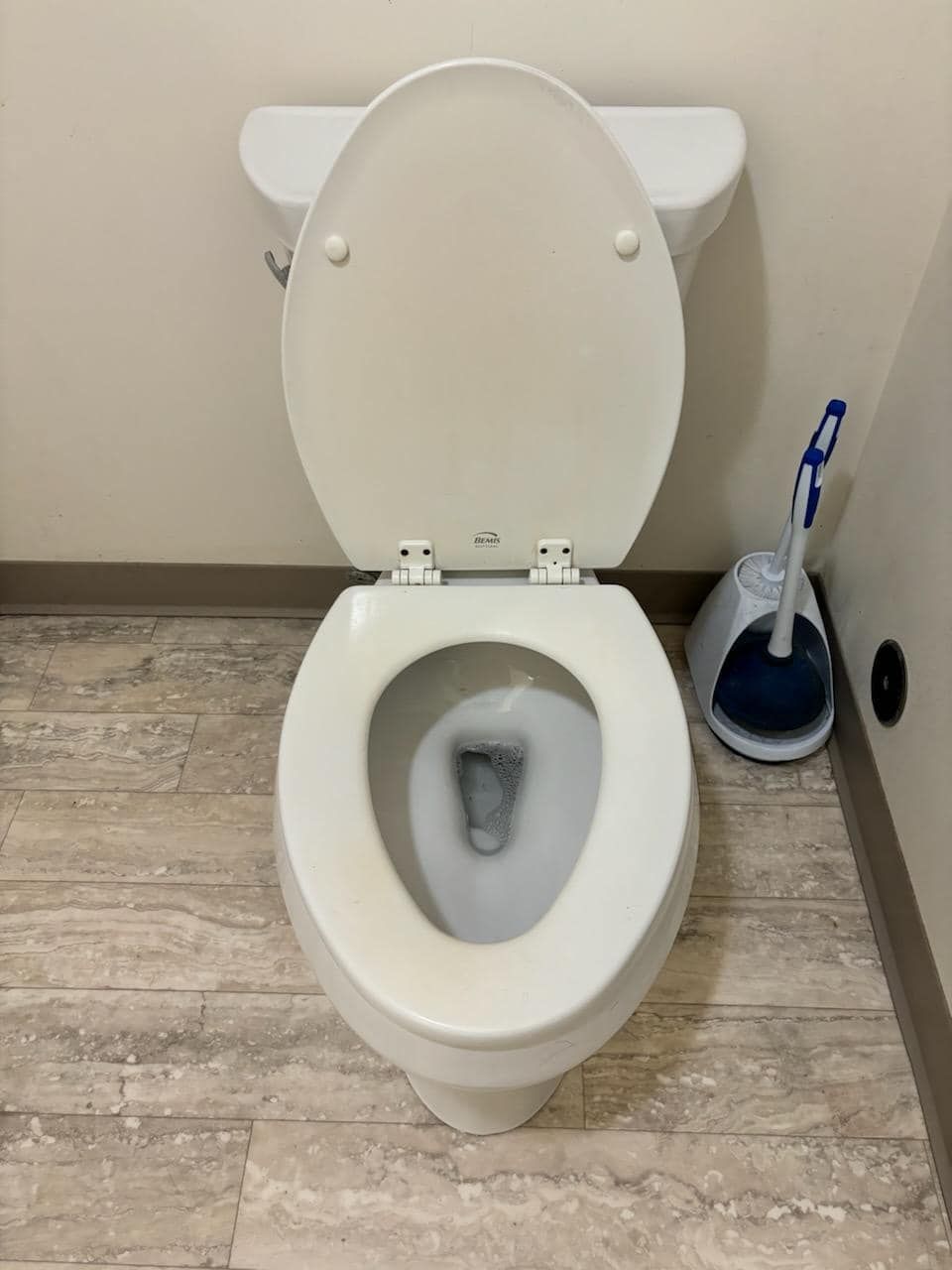 A toilet with the lid up and a toilet brush next to it