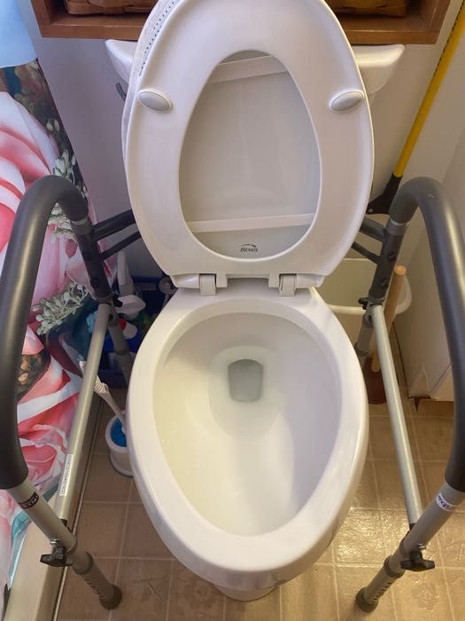White toilet with raised seat, grab bars, and open lid in bathroom.