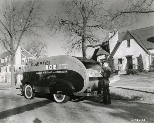 A black and white photo of an old oscar mayer ice truck.