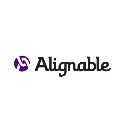 The logo for alignable is purple and black and has a purple circle in the middle.