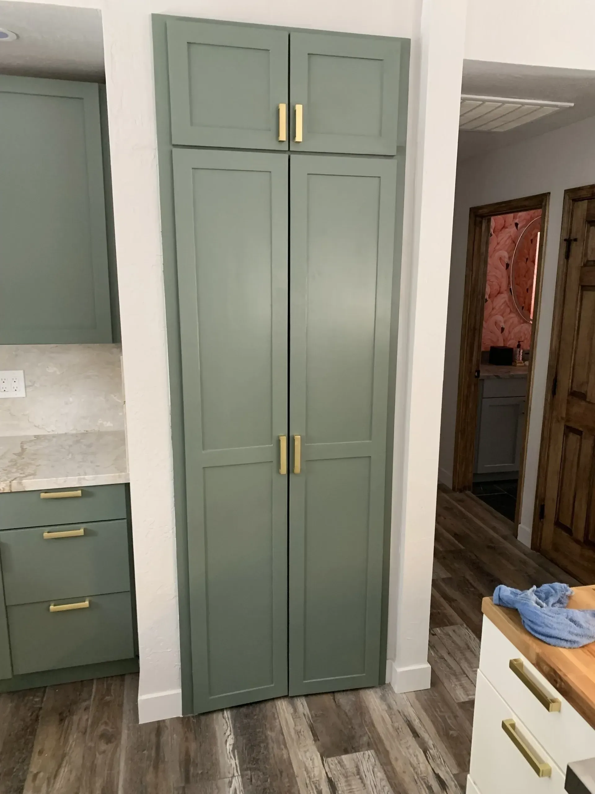 Tall sage-green pantry cabinets with brass handles in a kitchen hallway.