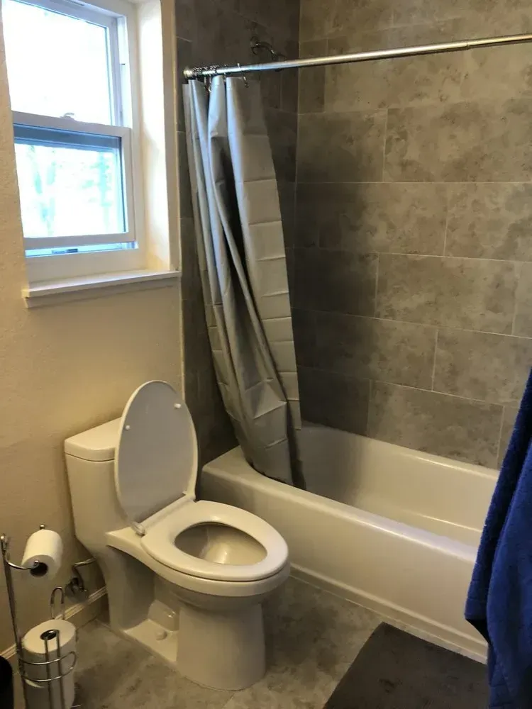 Bathroom with toilet beside a bathtub and shower curtain, next to a small window.