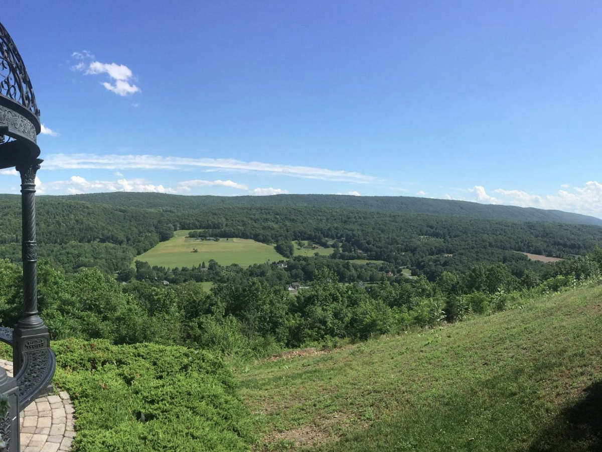 A view of a lush green forest from a gazebo on top of a hill in Stroudsburg PA