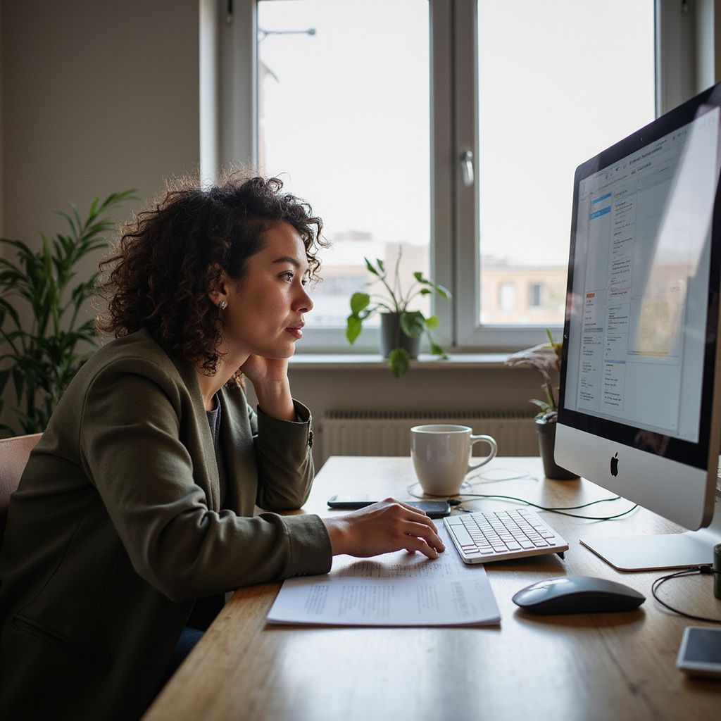 Woman scheduling an appointment at a computer in a home office, looking at the screen, with a cup of coffee.