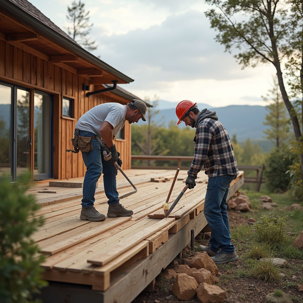 Two construction workers installing deck boards on a wood deck in a natural setting.