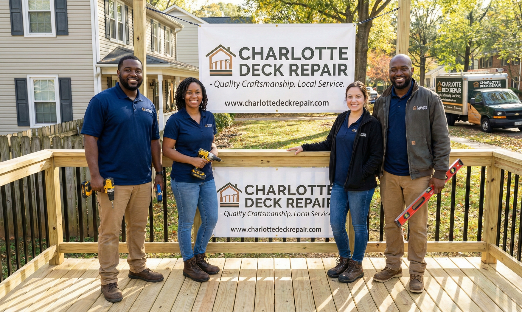 Four people, Charlotte Deck Repair team, pose in front of a sign. They stand on a newly built deck with tools.