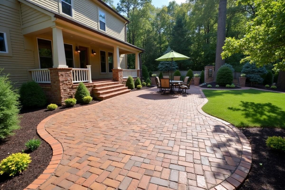 Brick patio with outdoor dining set and steps leading to a Charlotte home, surrounded by landscaped lawn and trees.