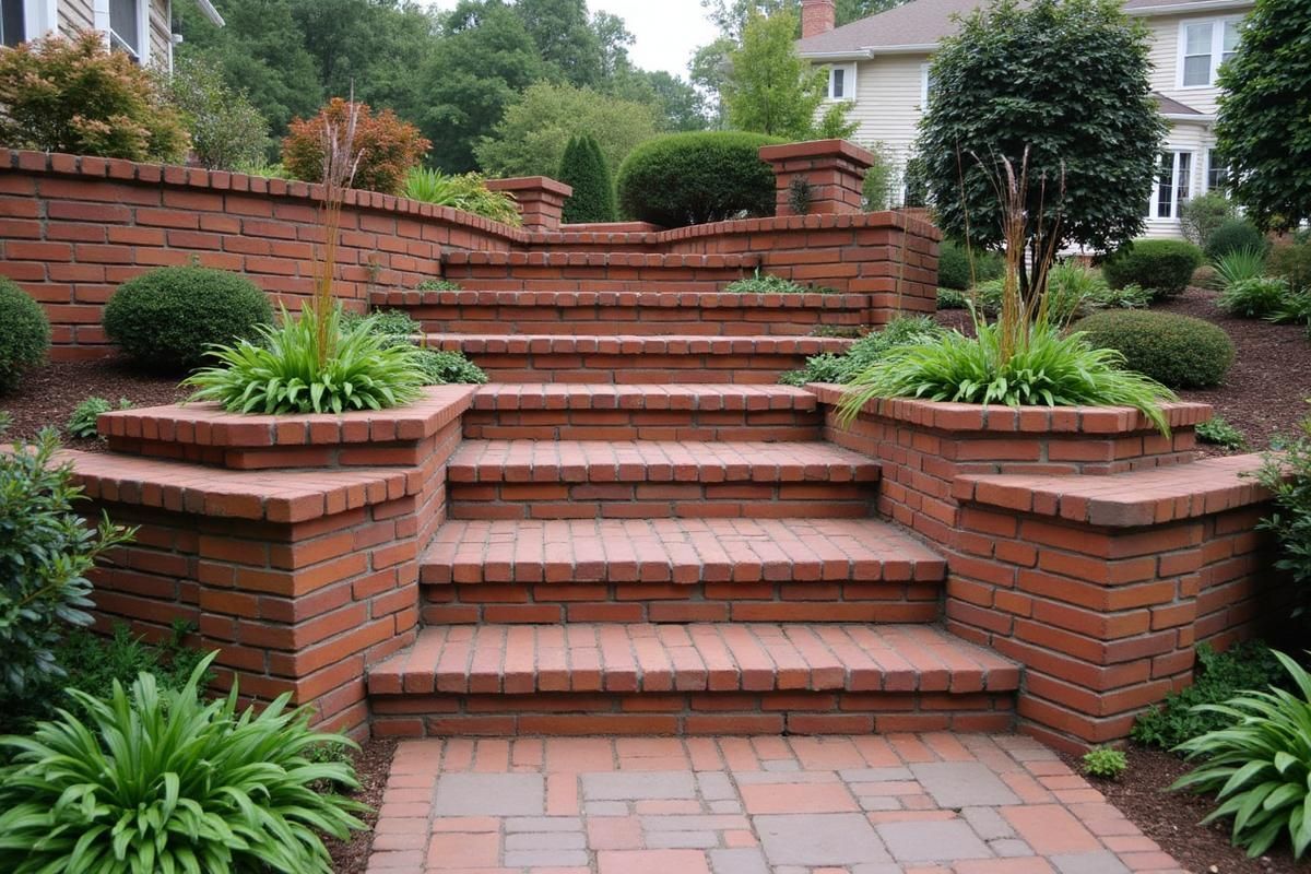 Brick stairs leading up to a landscaped garden, with greenery and brick walls.