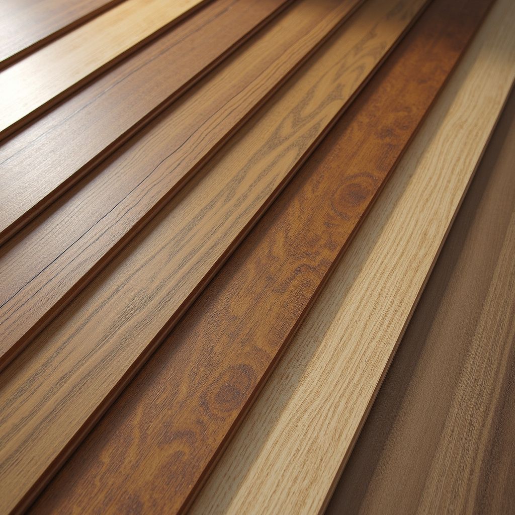 Assorted wood deck flooring samples in various shades of brown and tan.