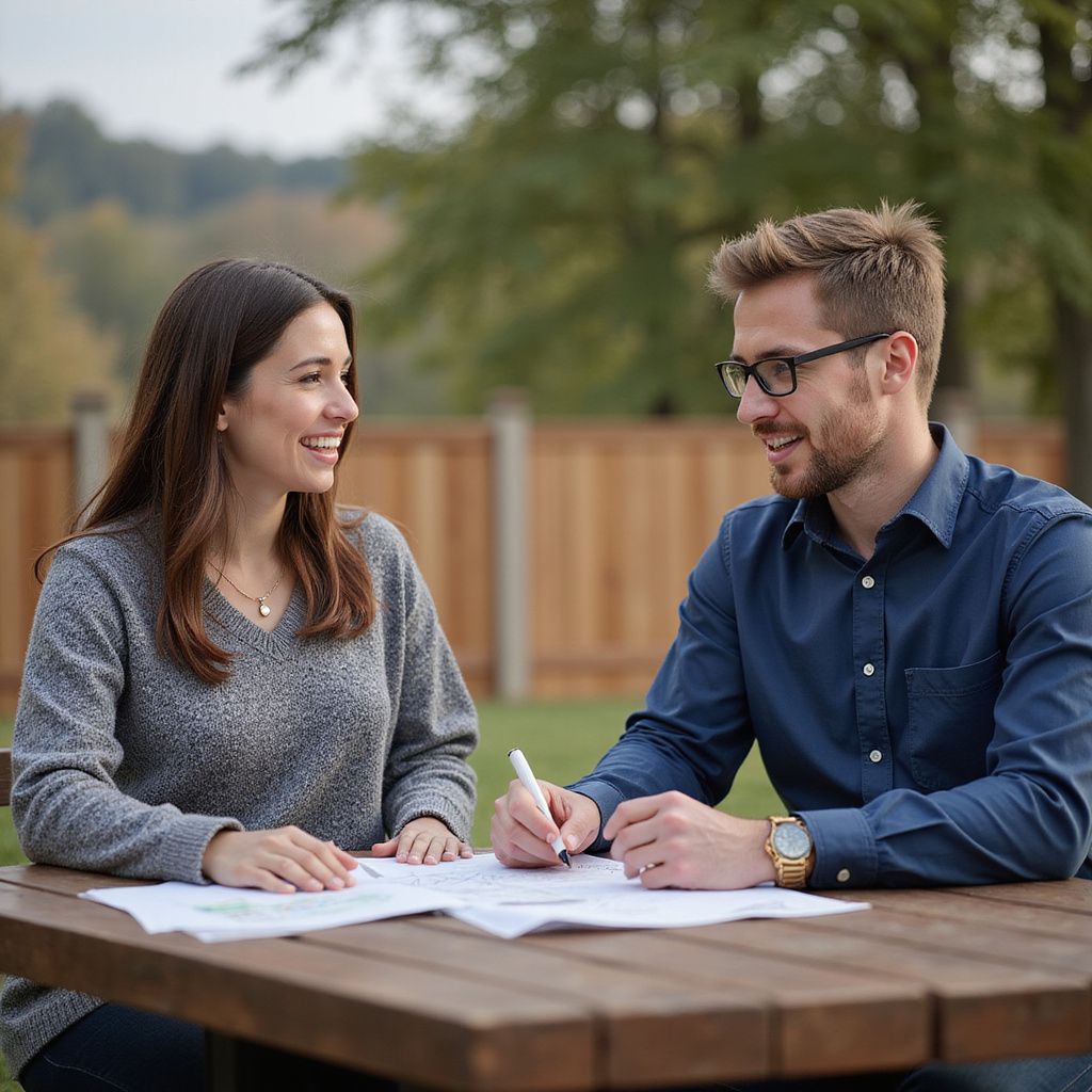 Deck consultant and customer smiles, reviewing documents at a picnic table outdoors. Man writes with a pen.
