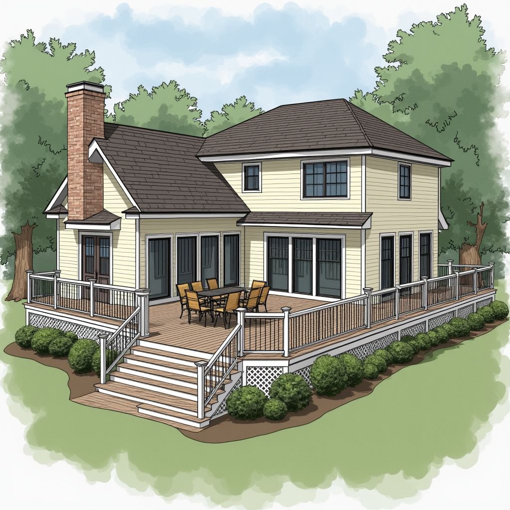 Illustration of a two-story house with a wraparound deck, outdoor dining, and landscaping.
