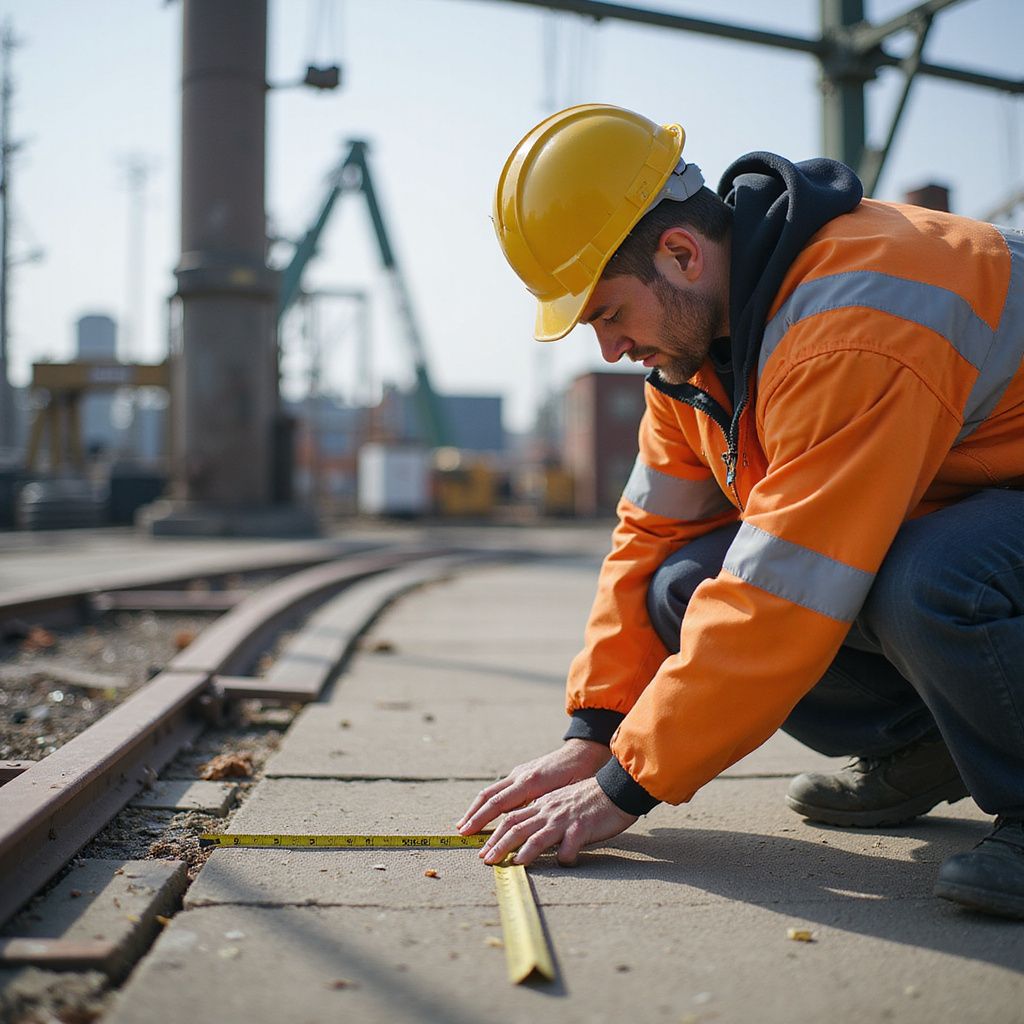 Construction worker in orange jacket and yellow hard hat measures ground with tape measure. Industrial setting.