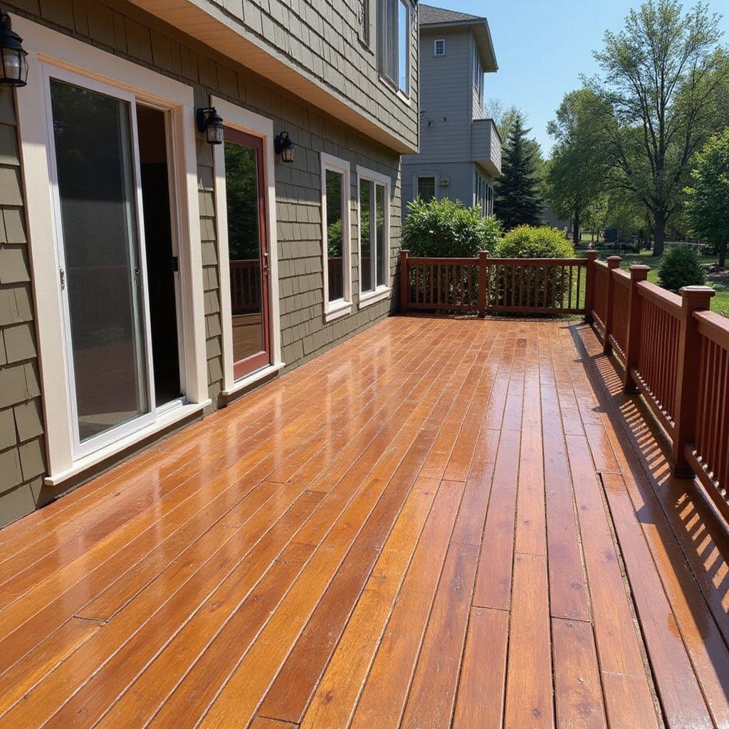 Wooden deck with shiny finish attached to a house with green siding; brown railing and trees in the background.