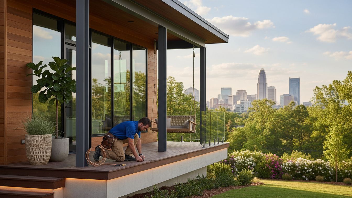 Man on deck of modern home with city skyline in background, working on the porch.