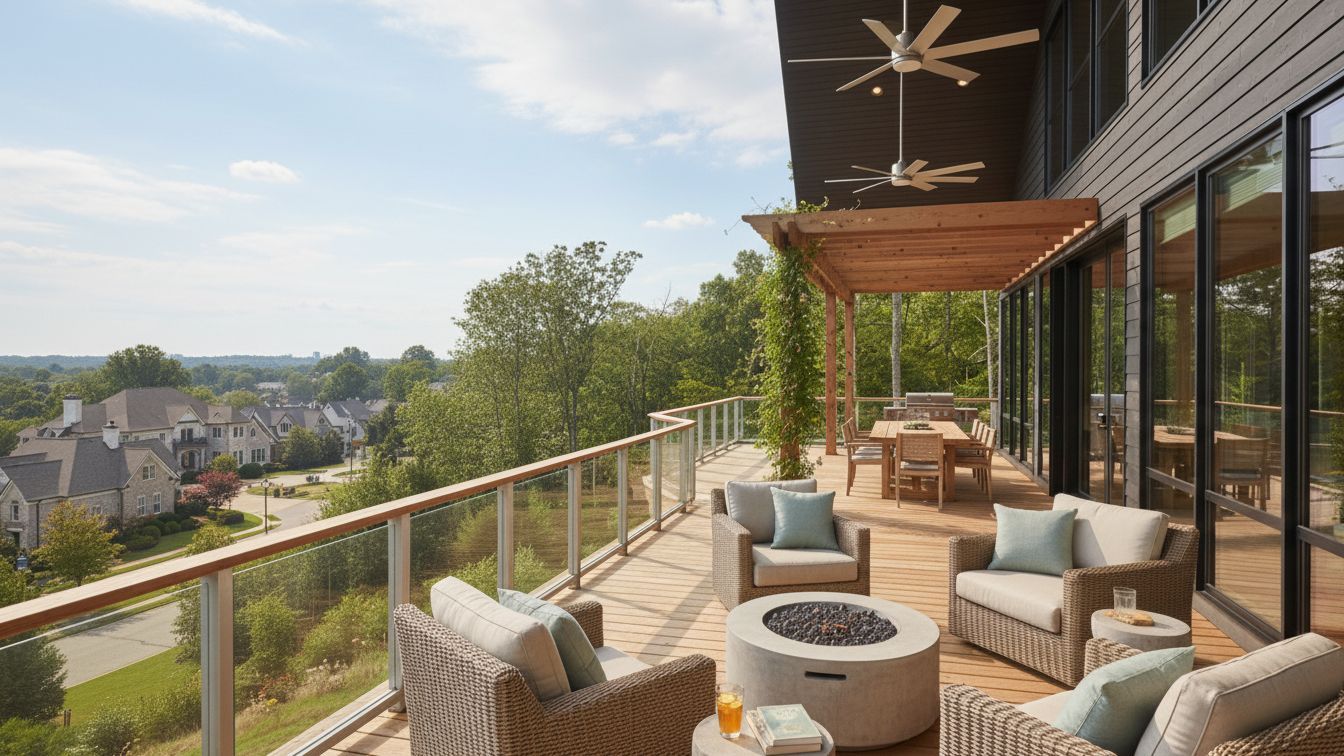 Outdoor porch with seating, fire pit, and dining table, overlooking a suburban neighborhood.