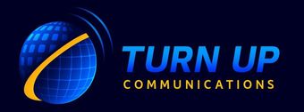 Logo for Turn Up Communications featuring a blue globe graphic with a yellow orbit line on a dark blue background.