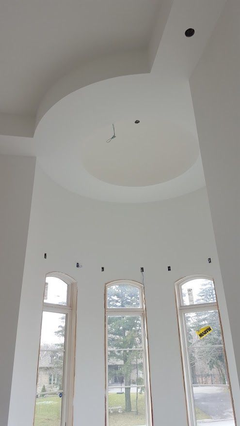 Tall white interior wall with arched windows and a domed ceiling.