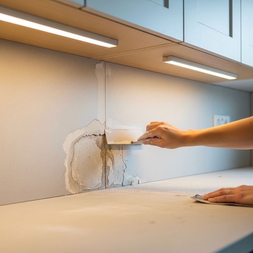 Person applying plaster to a kitchen wall with a putty knife. Under-cabinet lighting illuminates the work area.
