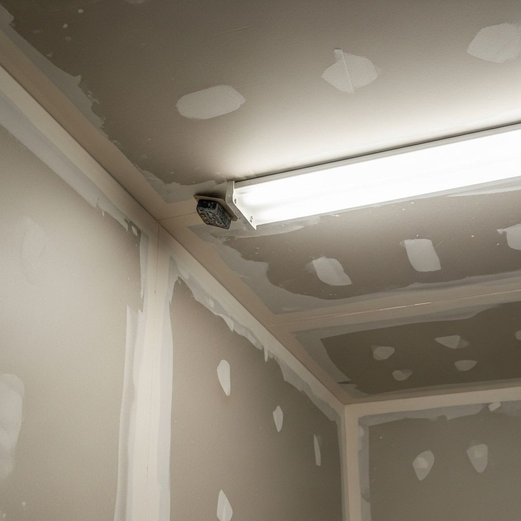 Corner of unfinished room with drywall and a fluorescent light fixture.