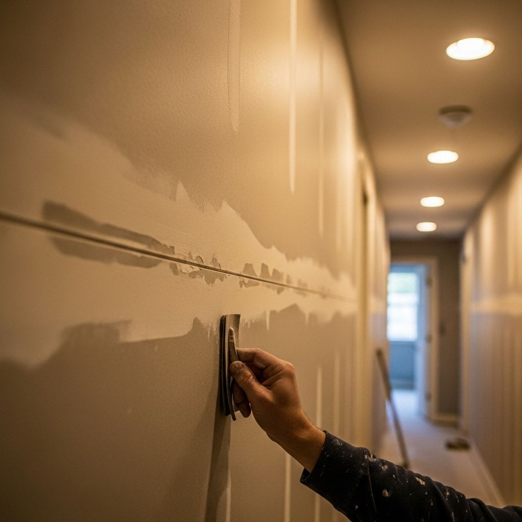 Person using a trowel to apply drywall mud on a wall in a hallway with recessed lights.