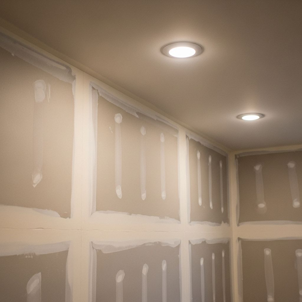 Unfinished interior walls with drywall, recessed ceiling lights.