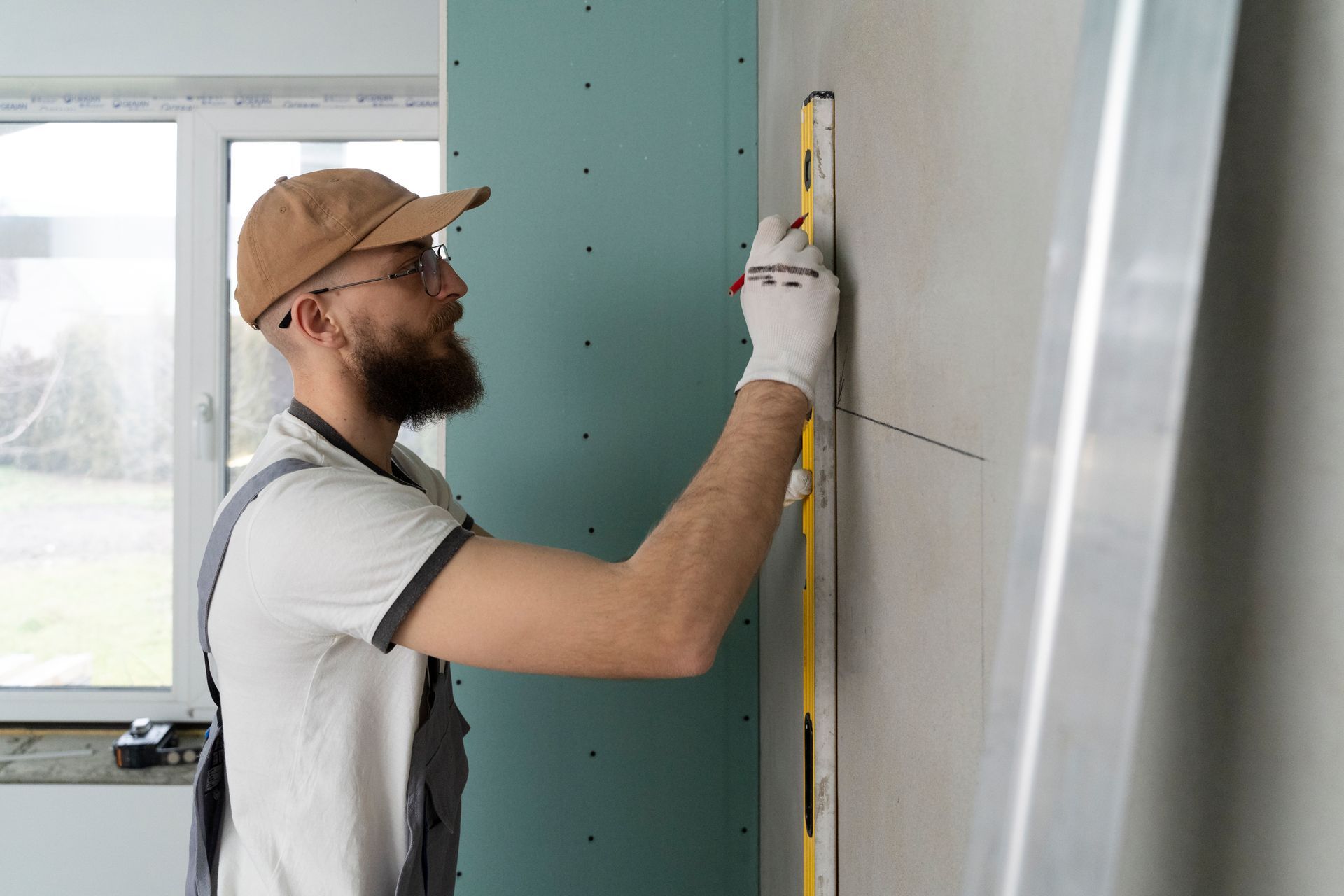 A man is measuring a wall with a level.