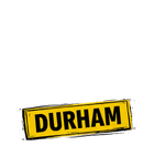 Yellow tilted sign reading “DURHAM” in bold black letters on a white background