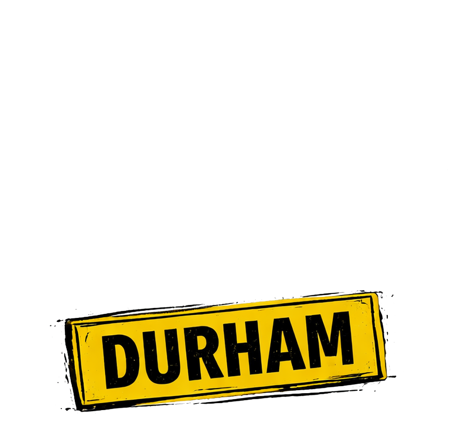 Yellow tilted sign reading “DURHAM” in bold black letters on a white background