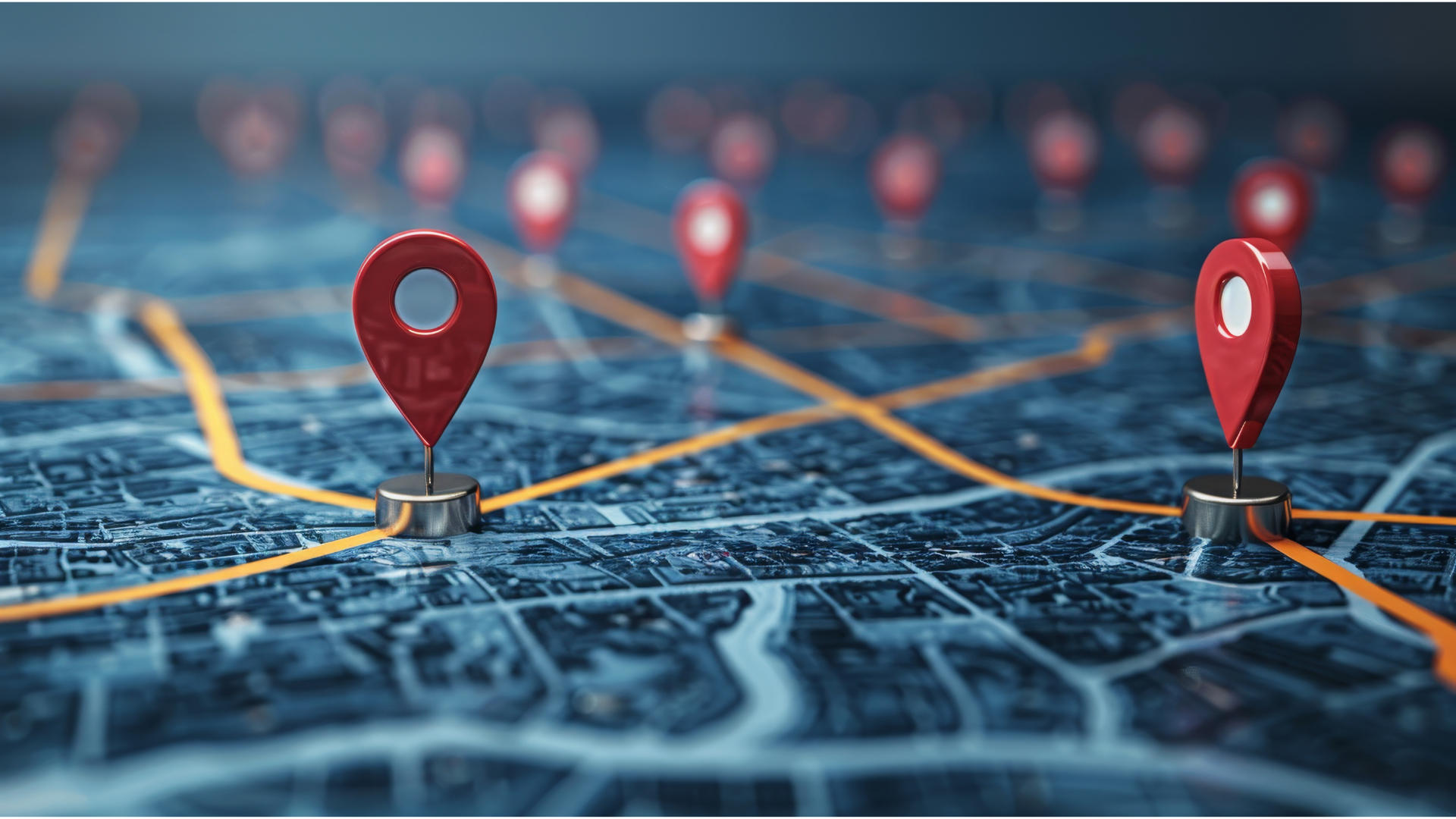 A close up of a map with red pins on it.
