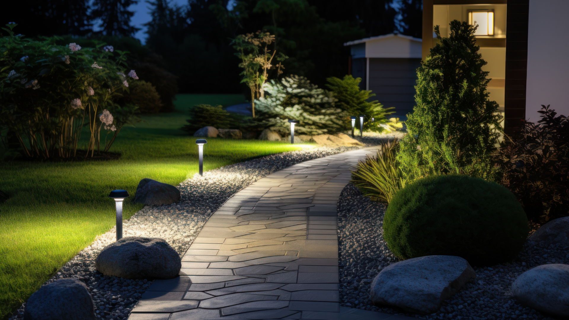 Stone path illuminated by lights winds through a garden at night.