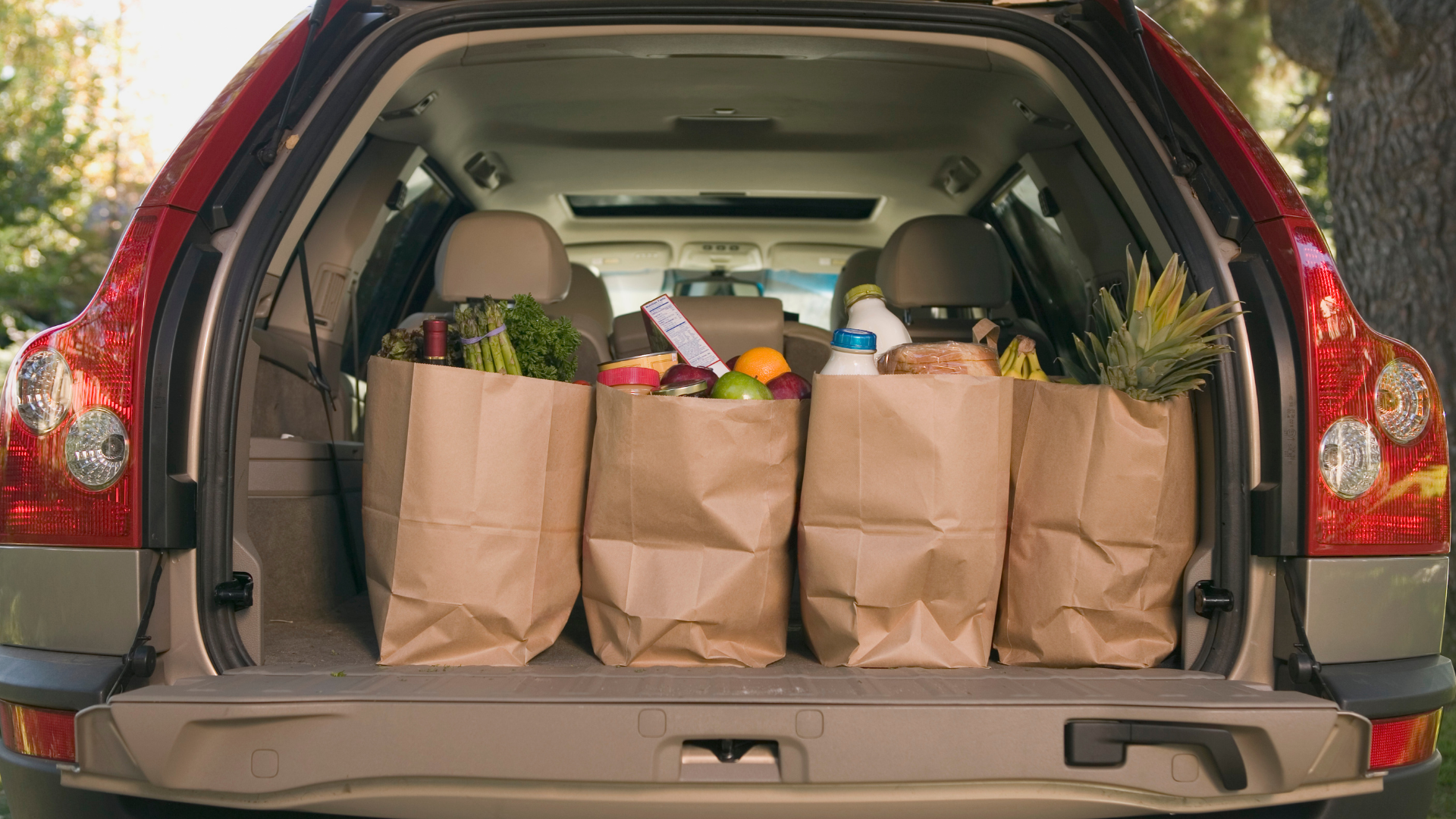 Paper grocery bags filled with food sit in the open trunk of a red SUV.