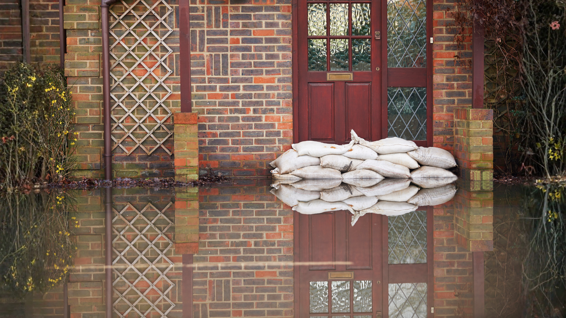 Flooded house entrance with sandbags in front of the door, brown brick wall and reflective water.