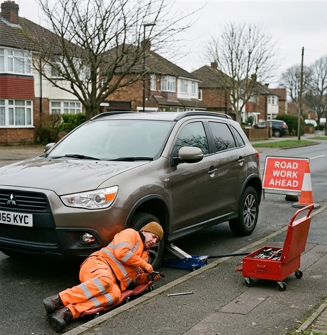 Mechanic repairing a car on a roadside.