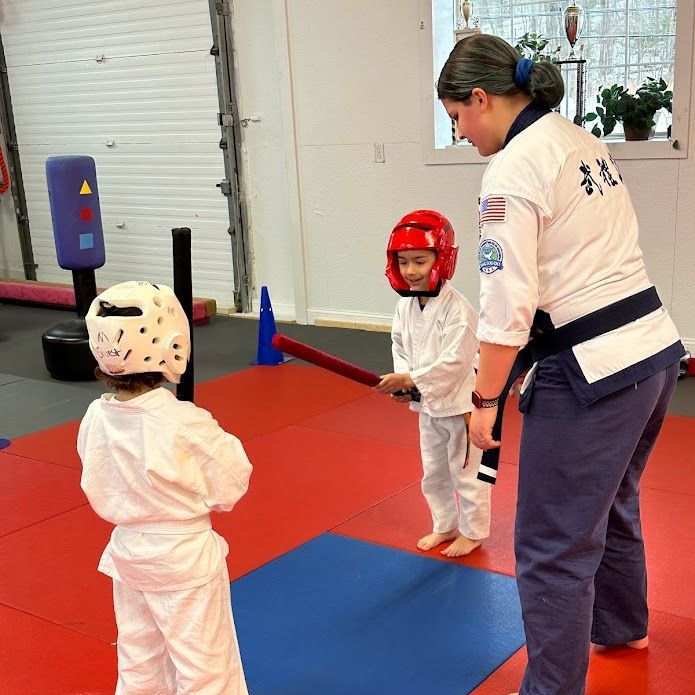 a woman is teaching two young boys martial arts
