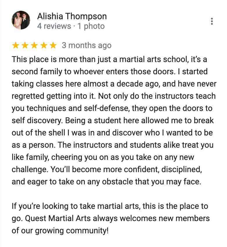 alishia thompson wrote a review for quest martial arts