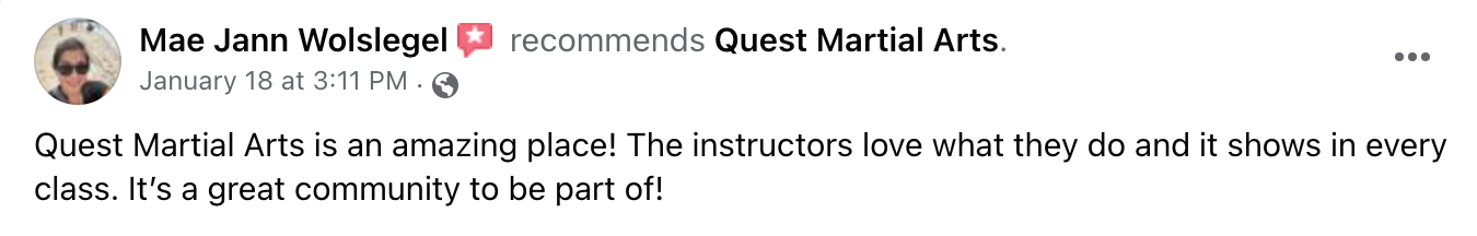 a blurred image of a facebook post that says quest martial arts