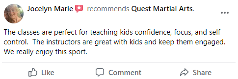 a facebook post from jocelyn marie recommends quest martial arts .
