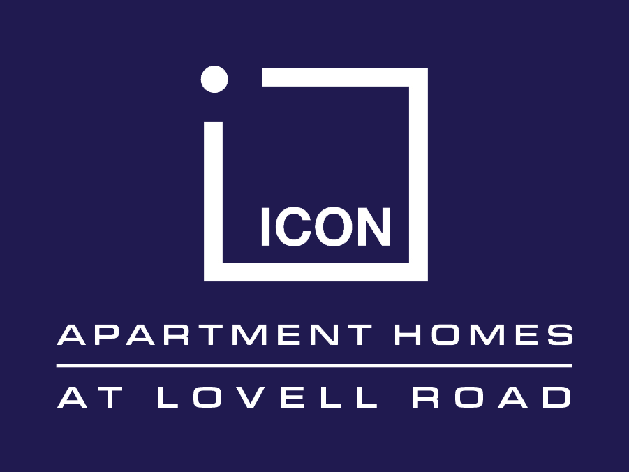 Logo for ICON Apartment Homes at Lovell Road, featuring the word "ICON" inside a square on a dark blue background.