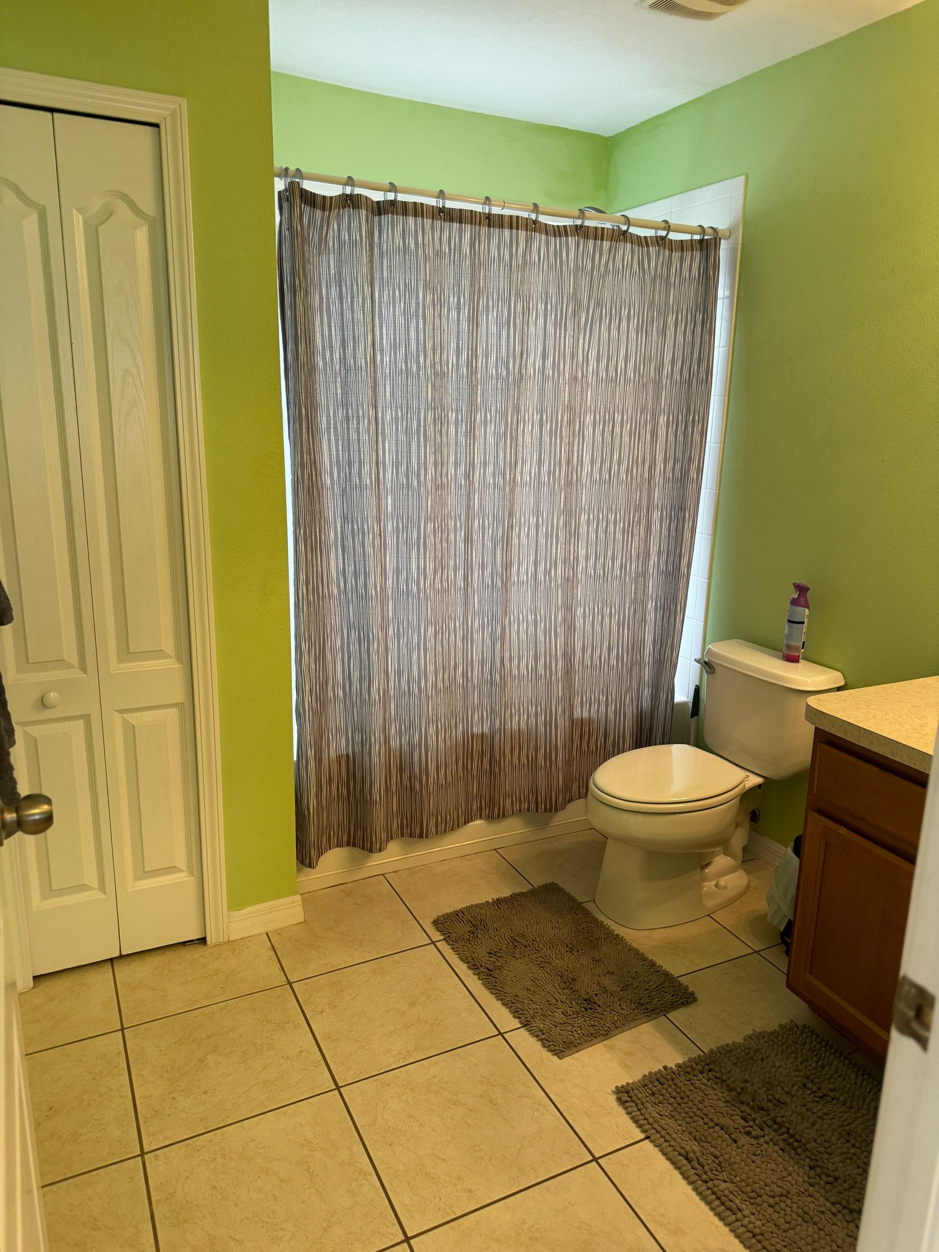 A bathroom with a toilet and a shower curtain
