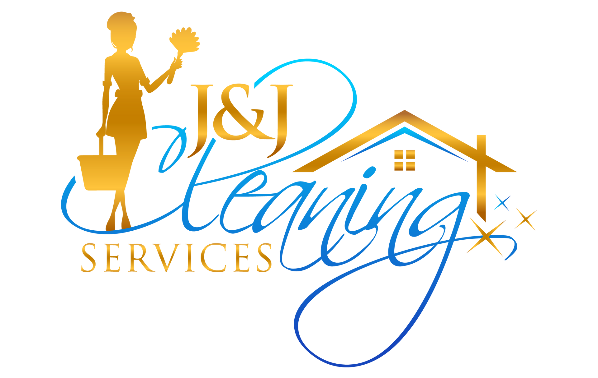 A logo for j & j cleaning services with a woman holding a broom