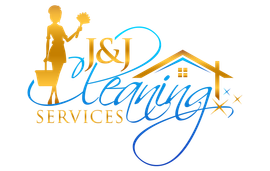 A logo for j & j cleaning services with a woman holding a broom